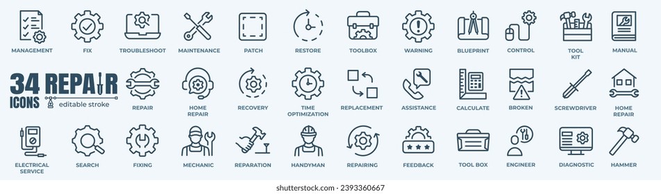 Conjunto de Iconos de línea de vectores relacionados con la reparación. Contiene iconos como el engranaje, el destornillador, el ingeniero, el soporte técnico y más.