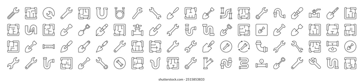 Conjunto de Ícones de Linha Relacionados a Reparo e Renovação. Traço editável para design, sites, aplicativos e cartões. Contém imagens lineares de planta de chão, pá, Spanner, tubo