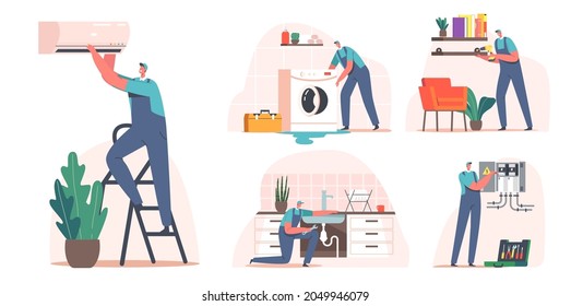 Set Repair Service, Electrician, Plumber Call Master at Work. Handyman Masters Male Characters in Uniform Working with Instruments Fixing Broken Technics at Home. Cartoon People Vector Illustration