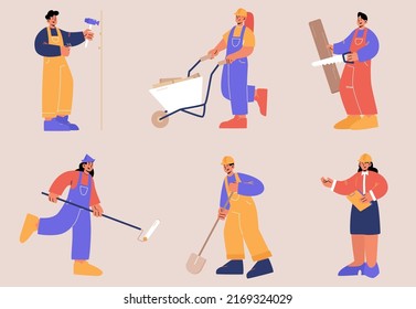 Set of repair service workers. Builders, repairmen, construction and renovation employees or foreman. Male and female characters in uniform with professional tools, Line art flat vector illustration