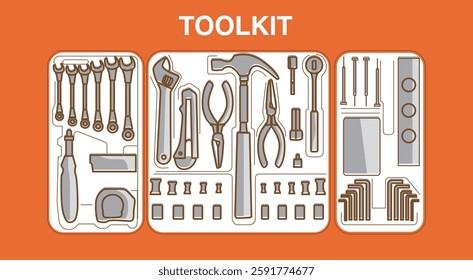 a set of repair tool kit box illustration line art handrawing outline vector