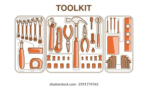a set of repair tool kit box illustration line art handrawing outline vector