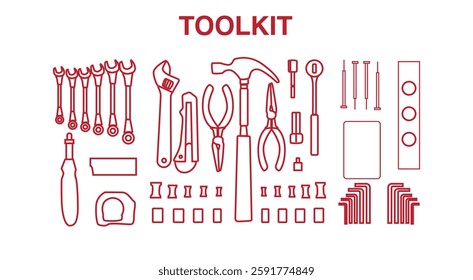 a set of repair tool kit box illustration line art handrawing outline vector