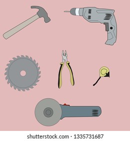 set of repair tools, drill hammer tape measure saw pliers