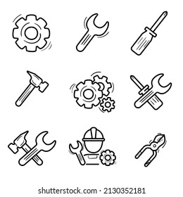 Set of repair and tools icon in doodle style isolated on white background