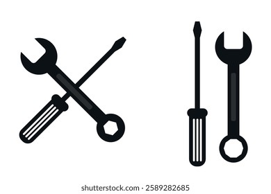 Set of repair tools icon including screwdriver and wrench, crossed in a simple design, illustrating mechanical work and toolkits