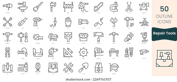 Symbole für Reparaturwerkzeuge. Dünne lineare Stilsymbole Pack. Vektorgrafik