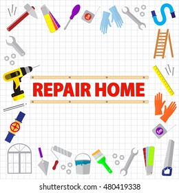 Set of repair tools on a sheet in a cage. Stock vector. Flat design.
