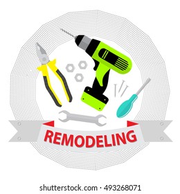 Set of repair tools on white background.  Logo home repair service. Stock vector. Flat design.