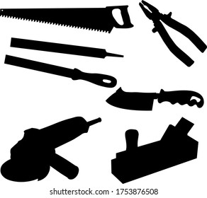 A set of repair tools. Saw, file, pliers, metal brush, plane, Bulgarian. Vector image
