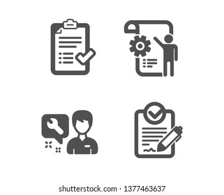 Set of Repairman, Approved checklist and Settings blueprint icons. Rfp sign. Repair service, Accepted message, Engineering cogwheel. Request for proposal.  Classic design repairman icon. Flat design