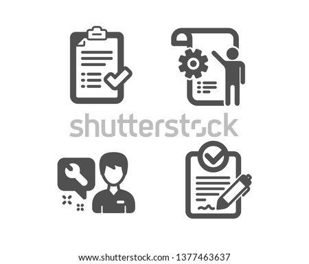 Set of Repairman, Approved checklist and Settings blueprint icons. Rfp sign. Repair service, Accepted message, Engineering cogwheel. Request for proposal.  Classic design repairman icon. Flat design