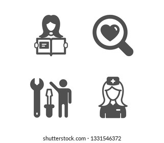 Set of Repairman, Search love and Woman read icons. Hospital nurse sign. Repair screwdriver, Dating service, Girl studying. Medical assistant.  Classic design repairman icon. Flat design. Vector