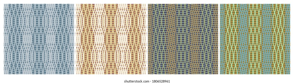 Set of repeat braided patterns with optical illusion effect. Textures with twisted lines.Vector illustration.