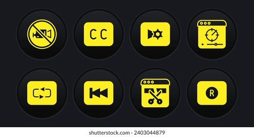 Set Repeat button, Online play video, Rewind, Video recorder or editor, Music settings, Subtitles, Record and Prohibition no recording icon. Vector