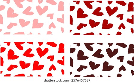 Set of repeat pattern of red and pink heart on white background, replete image, design for fabric pattern