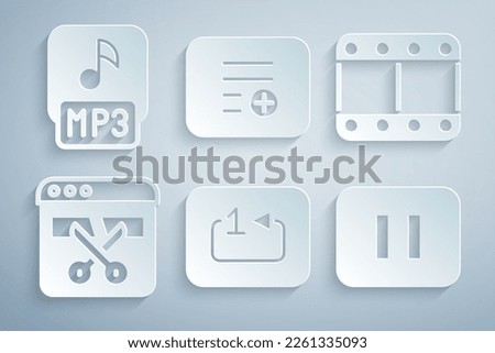 Set Repeat track music player, Play video, Video recorder or editor, Pause button, Add playlist and MP3 file icon. Vector
