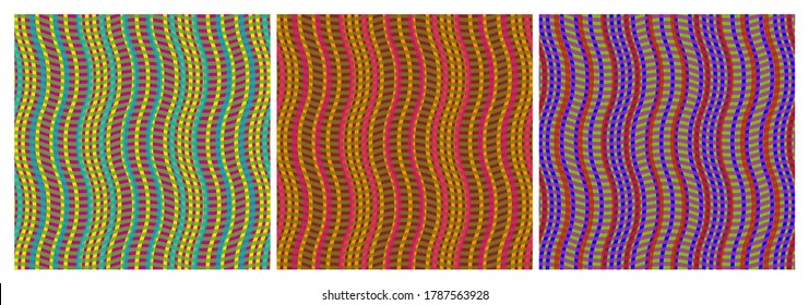 Set of repeat wavy patterns with optical illusion effect. Vector illustration.