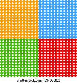 Set of repeatable patterns with triangle, circle, octagon and square shapes.