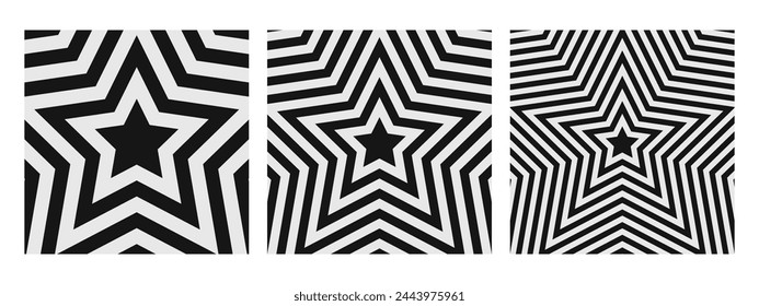 Set of repeating concentric stars backgrounds. Trendy y2k patterns in black and white colors. Trippy psychedelic wallpaper designs. Aesthetic posters with hypnotic effect. Vector graphic illustration.