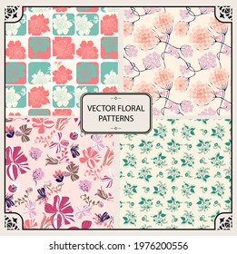 Set of repeating patterns with simple floral motifs. Surface patterns to decorate. floral patterns