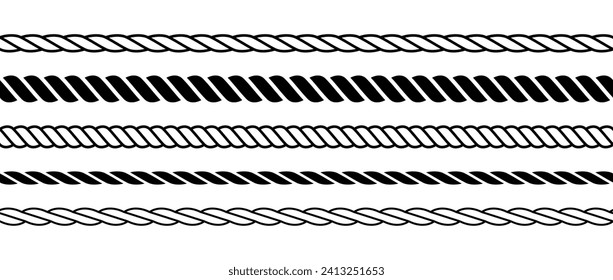 Set of repeating rope pattern. Seamless hemp cord line collection. Chain, braid, plait stripes bundle. Horizontal decorative plait motif. Vector marine twine design elements for banner, poster, frame