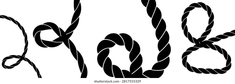 Set of repeating rope pattern. Seamless hemp cord line collection. Chain, braid, plait stripes bundle. Horizontal decorative plait motif. Vector 