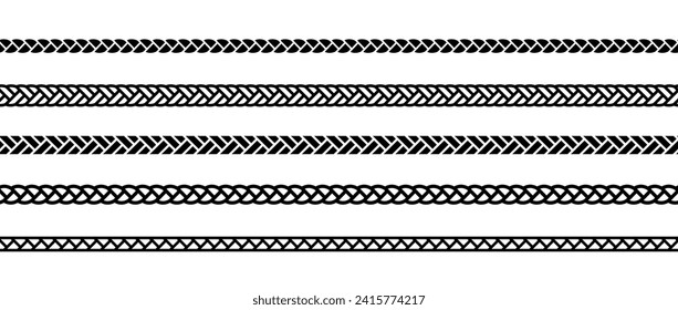 Set of repeating ropes. Seamless hemp cord line collection. Black outline chain, braid, plait stripe bundle. Horizontal decorative plait pattern. Vector twine design elements for banner, poster, frame