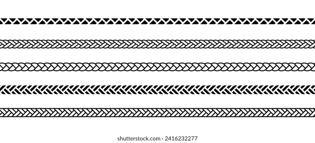 Set of repeating ropes. Seamless hemp cord line collection. Black outline chain, braid, plait stripe bundle. Horizontal decorative braid pattern. Vector twine design elements for banner, poster, frame