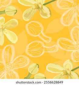 Set of repeating seamless leaves patterns, randomly placed. Hand drawn vector botanical elements all over the surface. Printed on a sage yellow and beige background.