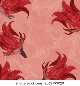 Set of repeating seamless leaves patterns, randomly placed. Hand drawn vector botanical elements all over the surface. Printed on a red and beige background.