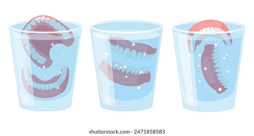 Conjunto de prótesis reemplazables, mandíbulas extraíbles en un estilo de dibujos animados. Ilustración vectorial de mandíbulas postizas con dientes en barro transparente con agua aislada sobre fondo blanco. Cuidado cuidadoso, limpieza de dientes.