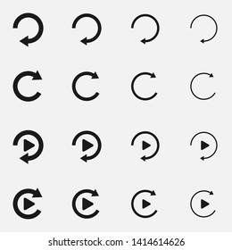 Set of replay or reload buttons black and white vector icon.