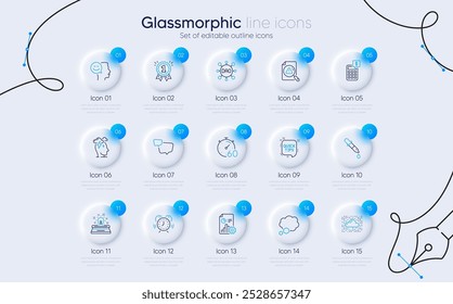 Set of Report, Cloud system and Time management line icons for web app. Typewriter, Reward, Stress icons. Timer, Quick tips, Chemistry pipette signs. Search document, Calculator, Speech bubble. Vector