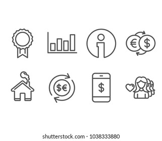 Set of Report diagram, Smartphone payment and Reward icons. Money currency, Money exchange and Woman love signs. Financial market, Mobile pay, Best medal. Cash change, Eur to usd, Romantic people