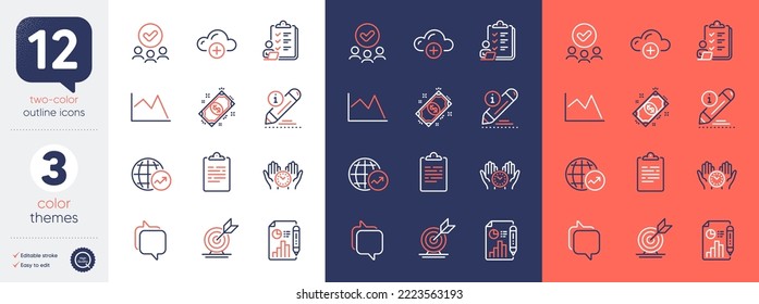 Set of Report document, Approved group and Safe time line icons. Include Checklist, Payment, Edit icons. Line chart, Messenger, World statistics web elements. Target goal. Bicolor outline icon. Vector