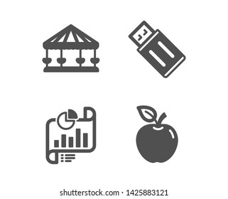 Set of Report document, Carousels and Usb flash icons. Apple sign. Growth chart, Attraction park, Memory stick. Fruit.  Classic design report document icon. Flat design. Vector