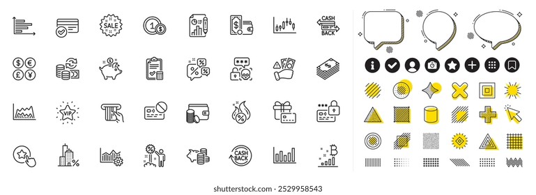 Set of Report document, Cashback and Lock line icons for web app. Design elements, Social media icons. Gift card, Column chart, Card icons. Hot loan, Operational excellence, Mortgage signs. Vector