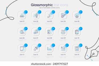 Set of Report document, Checklist and Solar panels line icons for web app. Whisper, Mobile survey, Messenger mail icons. Histogram, Magistrates court, Check investment signs. Checkbox. Vector