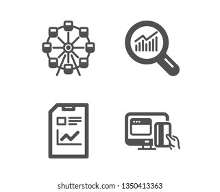 Set of Report document, Data analysis and Ferris wheel icons. Online payment sign. Statistics file, Magnifying glass, Attraction park. Money.  Classic design report document icon. Flat design. Vector