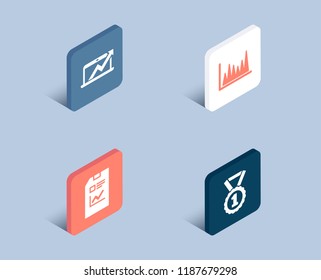 Set of Report document, Line graph and Sales diagram icons. Best rank sign. Statistics file, Market diagram, Sale growth chart. Success medal.  3d isometric buttons. Flat design concept. Vector