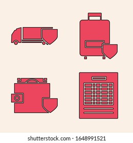 Establecer el documento del archivo Informe, coche de carga de entrega con escudo, seguro de equipaje de viaje y Cartera y dinero con icono de escudo. Vector