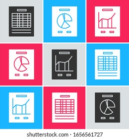 Set Report file document, Document with graph chart and Document with graph chart icon. Vector