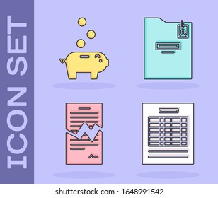 Set Report file document, Piggy bank with coin, Torn contract and Personal folder icon. Vektorillustration