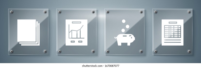 Set Report file document, Piggy bank with coin, Document with graph chart and Clean paper. Square glass panels. Vector