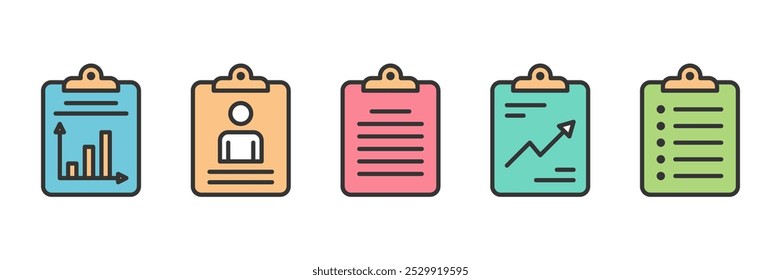 Set of report line icons, clipboard with charts, person symbol, check list. Editable stroke, vector eps10 illustration