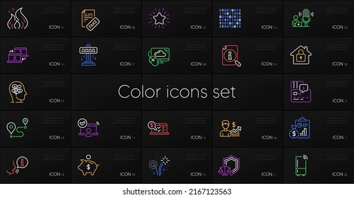 Set of Report, Lock and Online access line icons. Include Refrigerator, Binary code, Justice scales icons. Business growth, Outsource work, Star web elements. Fake news, Search, Fireworks. Vector