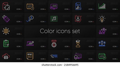 Set of Report statistics, Usb flash and Education line icons. Include Video conference, Cyber attack, Idea icons. Musical note, Approved checklist, Graph chart web elements. Calendar. Vector