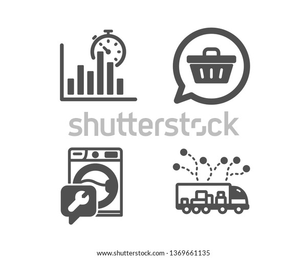 Set of Report timer, Shopping cart and Washing\
machine icons. Truck delivery sign. Growth chart, Dreaming of gift,\
Repair service. Logistics.  Classic design report timer icon. Flat\
design. Vector