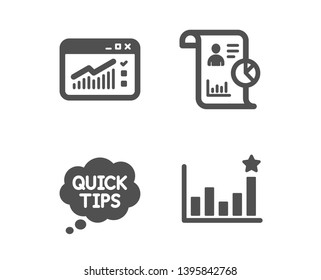 Set of Report, Web traffic and Quick tips icons. Efficacy sign. Work statistics, Website window, Helpful tricks. Business chart.  Classic design report icon. Flat design. Vector